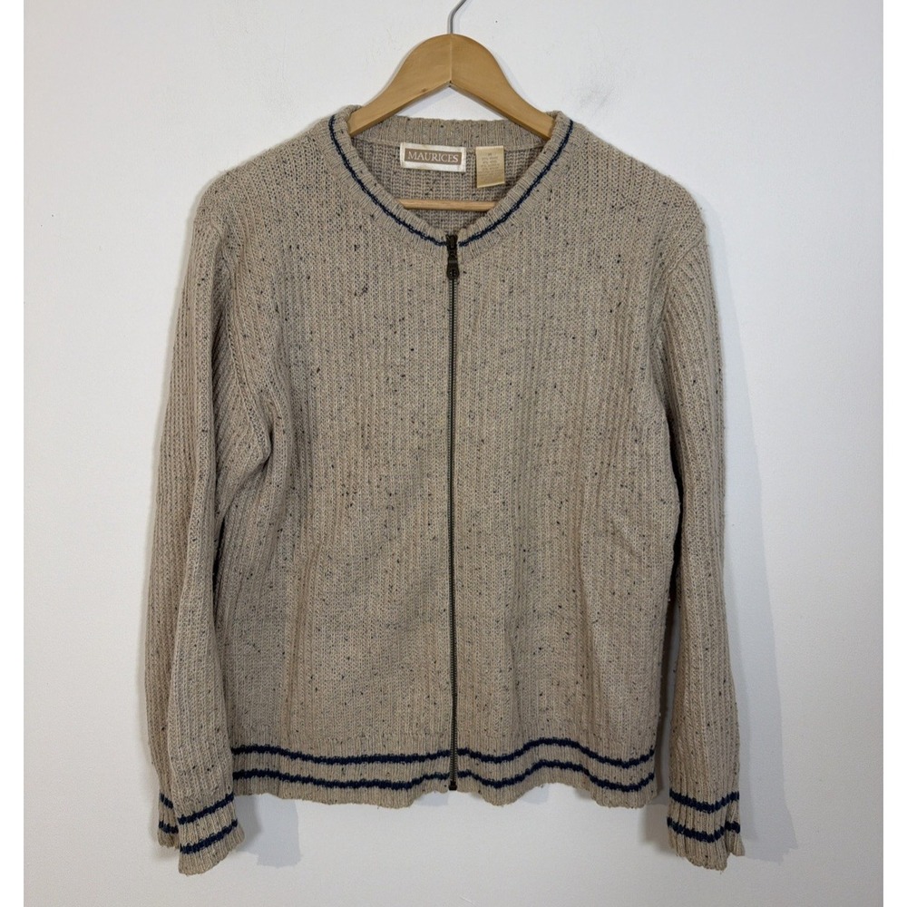 VINTAGE Maurices Cardigan Sweater Women Medium Beige Wool Blend Full Zip Modest